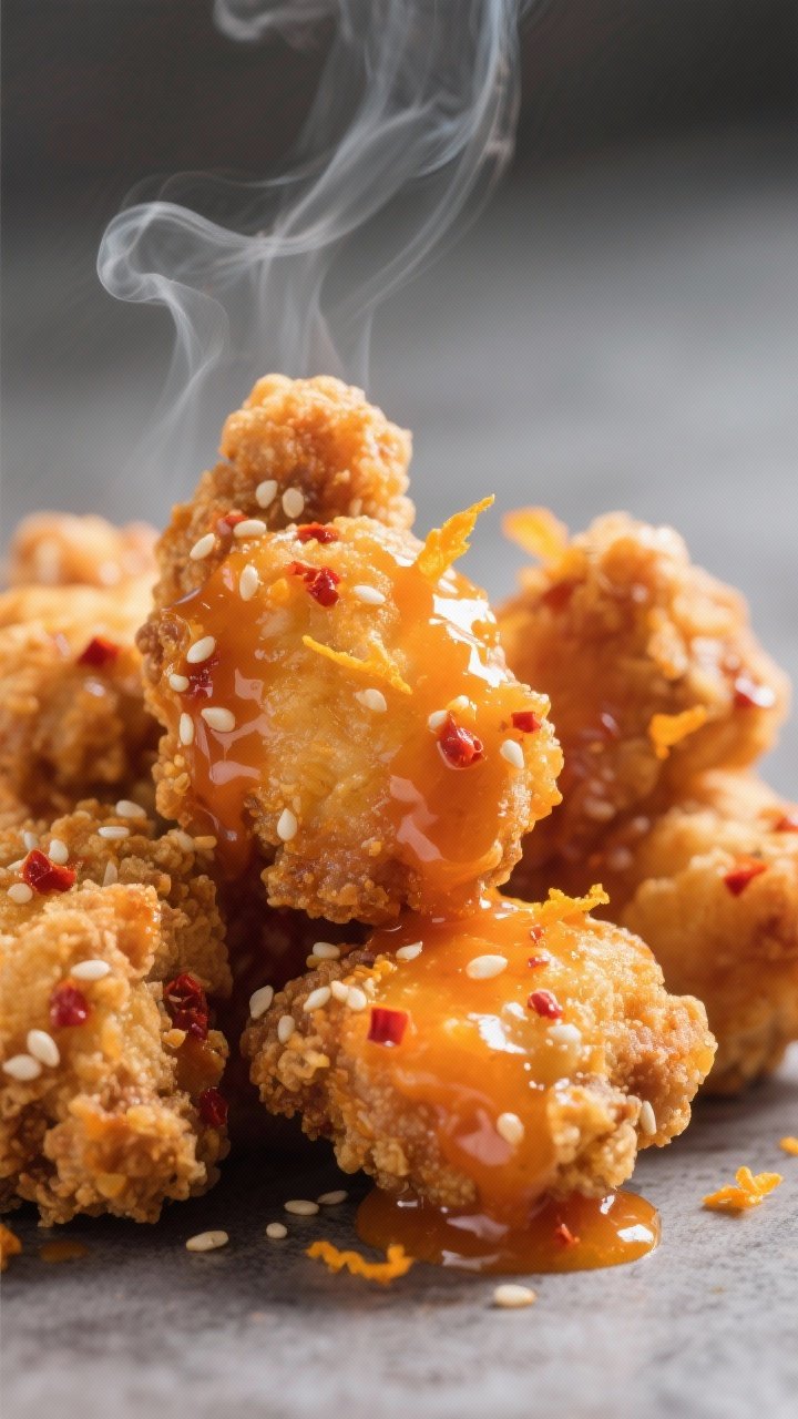 Close-up detail: Ultra-crispy air-fried orange chicken bites just tossed in glossy, thickened orange