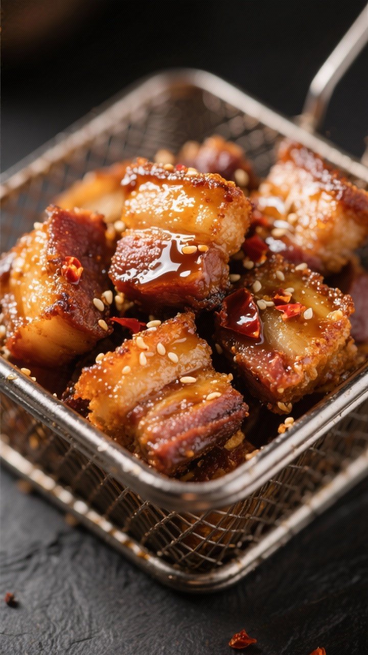Close-up detail: Ultra-crispy air-fried pork belly bites just out of the basket, deep golden with re