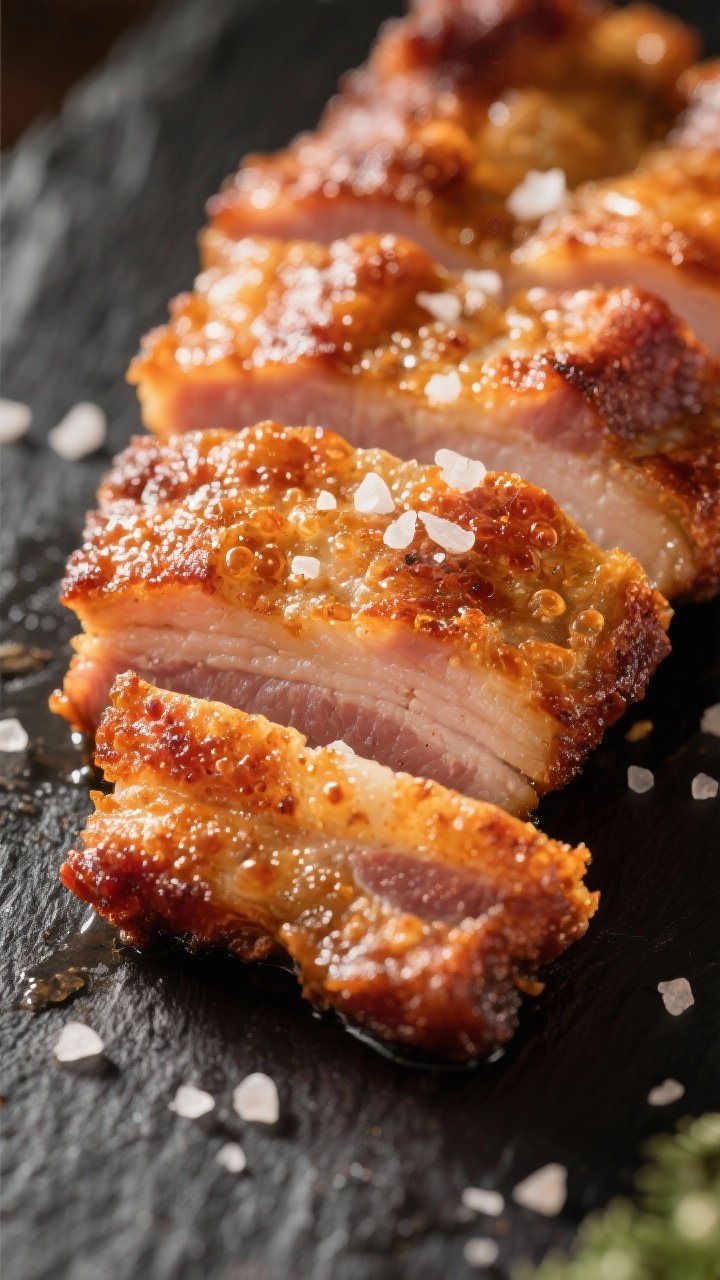 Close-up detail: Ultra-crispy air-fried pork belly skin, blistered and golden with tiny air bubbles 