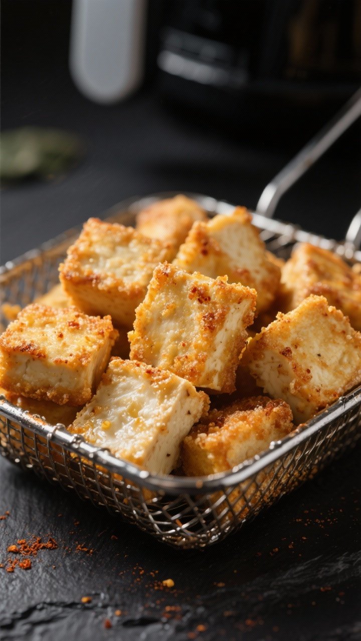 Close-up detail of ultra crispy tofu cubes just out of the air fryer basket
