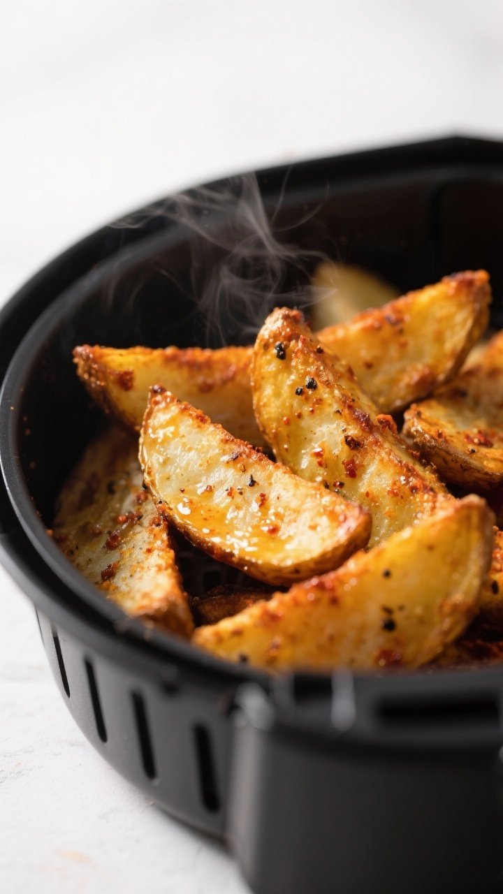 Close-up detail: Ultra-crispy Cajun potato wedges fresh from the air fryer basket, edges deeply gold