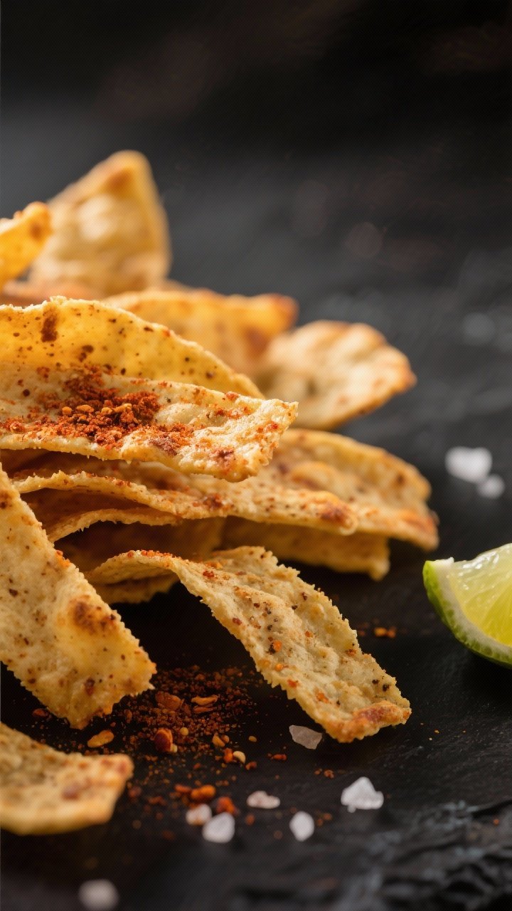 Close-up detail: Ultra-crispy corn tortilla strips just out of the air fryer, lightly blistered and 