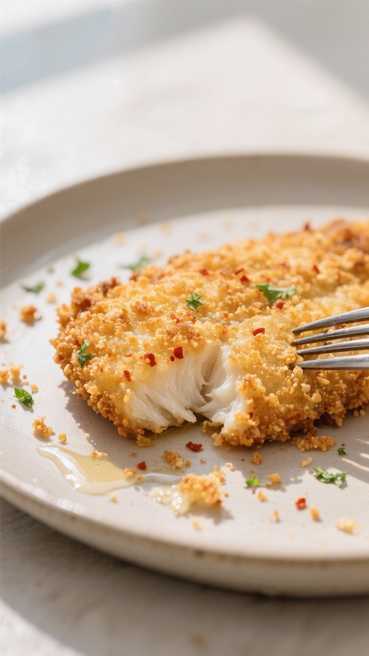 Close-up detail: Ultra-crispy panko-crusted tilapia just out of the air fryer, golden-brown shards o