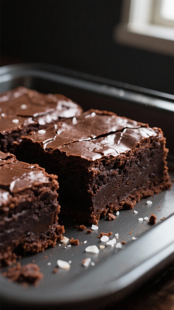 Close-up detail: Ultra-fudgy air fryer dark chocolate brownies just out of the pan, showing a shiny,