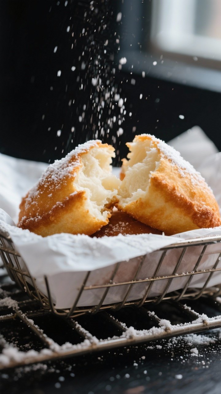 Close-up detail: Warm air-fried beignet just out of the basket, torn open to reveal a light, pillowy