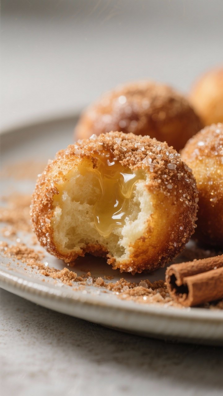 Close-up detail: Warm air-fried cinnamon sugar donut holes just coated in melted butter and rolled i