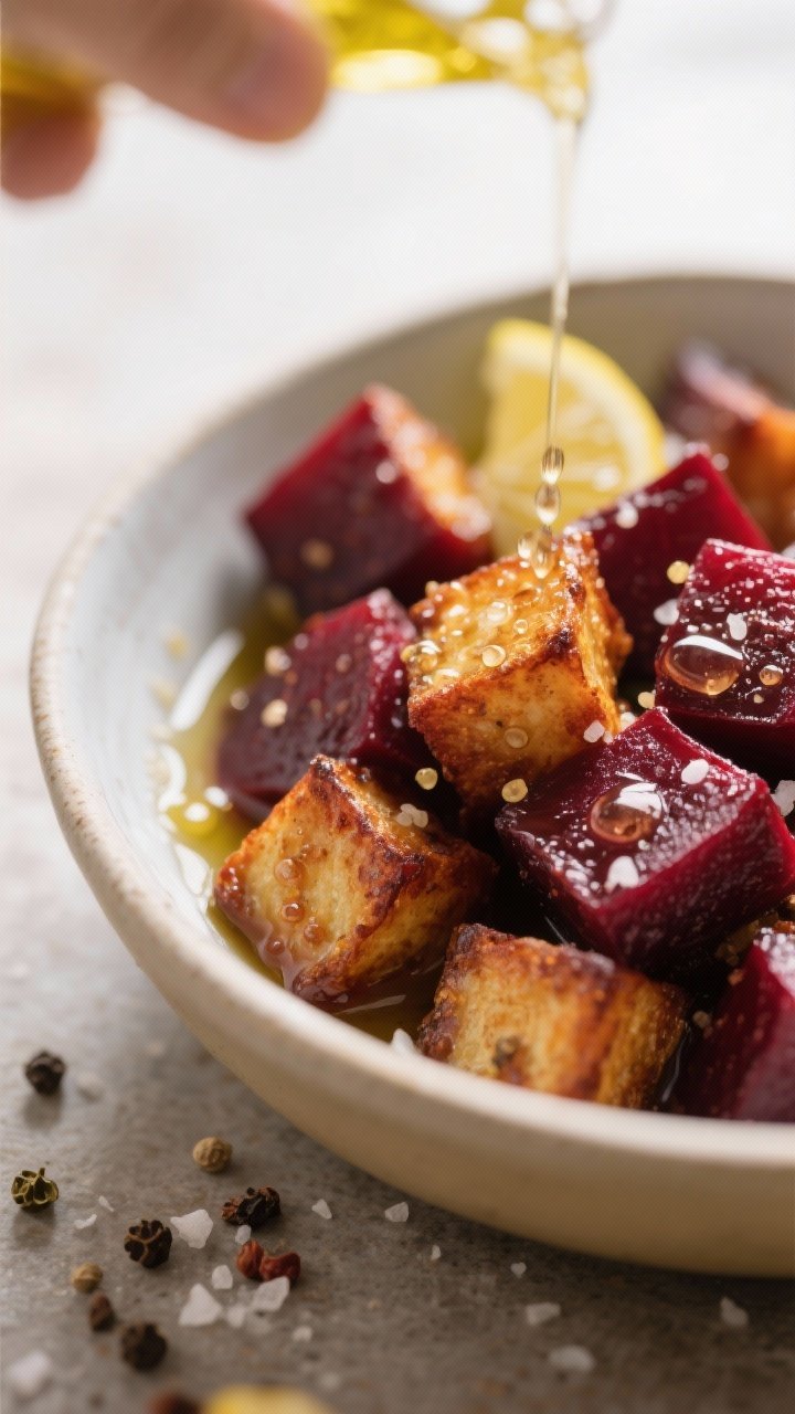 Close-up detail — Warm beets being dressed: A bowl of freshly air-fried beet cubes glistening as a