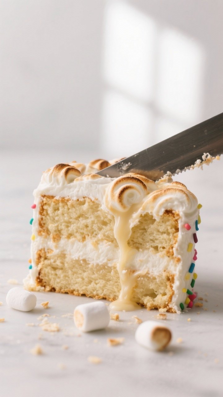 Close-up detail: Warm slice of Air Fryer Marshmallow Birthday Cake just cut, showing gooey toasted m