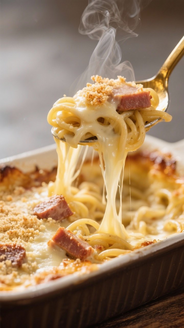 Close-up slice-and-serve moment: A large spoon lifting a scoop from the casserole, long cheese pulls