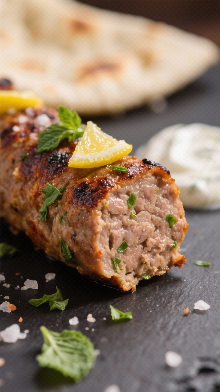 Close-up texture detail: Macro shot of a single sliced kofta kebab showing the moist, tender interio