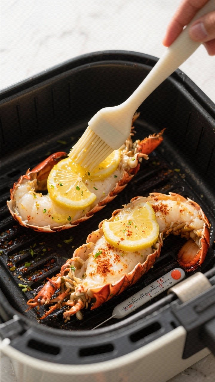 Cooking process action: Overhead shot of two butterflied lobster tails in the air fryer during the f