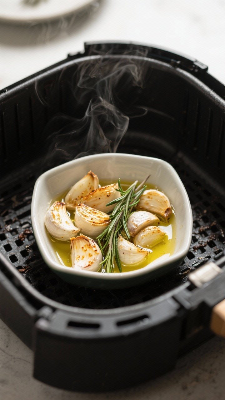 Cooking process: Air-fried aromatics just out of the basket—softened garlic cloves with light gold