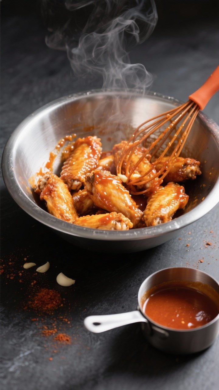 Cooking process: Air-fried chicken wings being tossed in a warm, glossy Buffalo sauce in a stainless