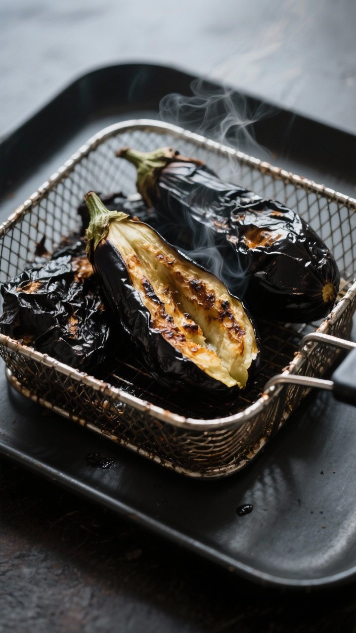 Cooking process: Air-fried eggplants just finished cooking at 400°F, skins deeply blistered and nea