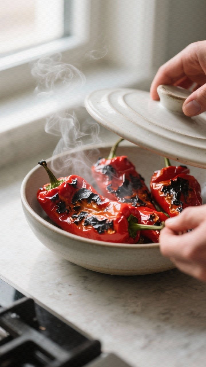 Cooking process: Air-fried red peppers resting in a bowl post-roast, skins blistered and charred, st
