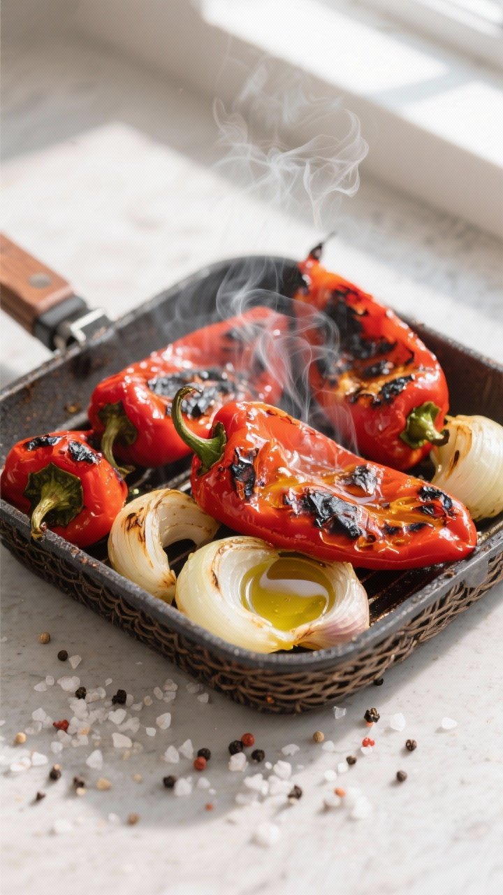 Cooking process: Air-fried roasted peppers, chilies, onion, and garlic just out of the basket, edges