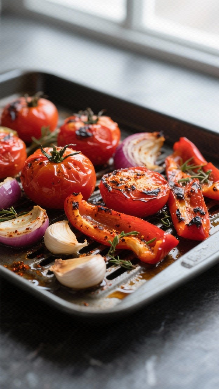 Cooking process: Air-fried roasted tomatoes, sweet bell pepper strips, red onion wedges, and whole g