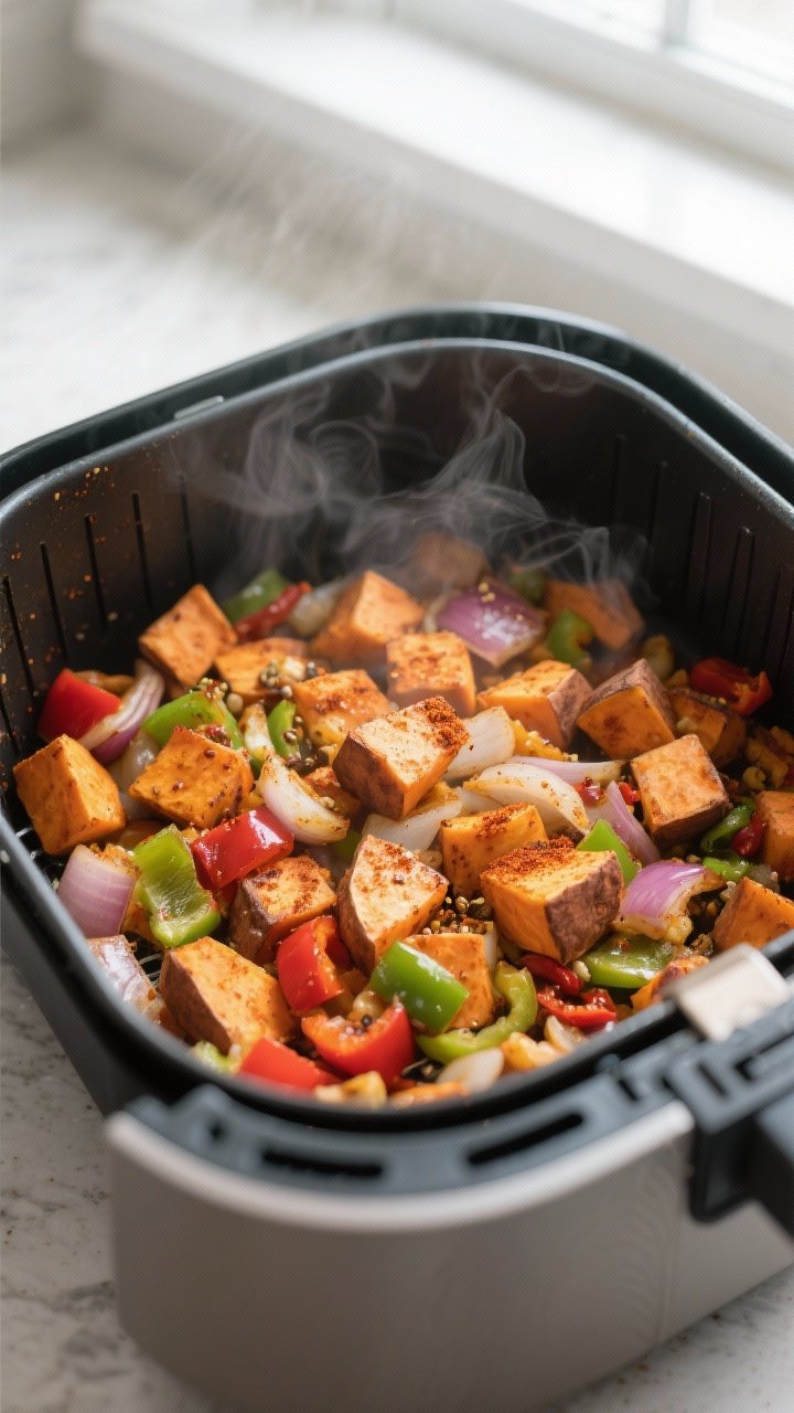 Cooking process, air fryer action: Air Fryer Sweet Potato Hash mid-cook in an open air fryer basket 