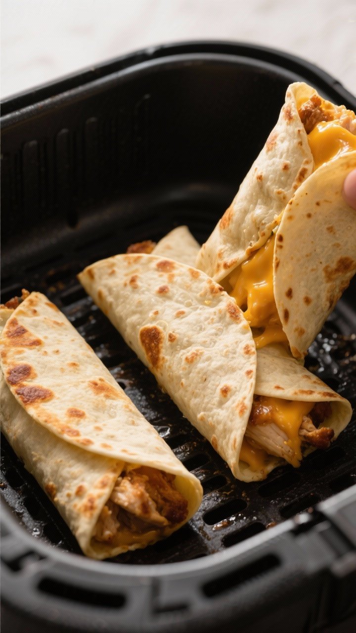 Cooking process — air fryer action: Golden-brown chicken chimichangas crisping in an air fryer bas