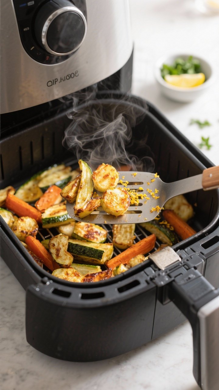 Air fryer basket at 400F mid cook with vegetables to serve with chicken