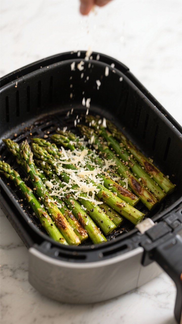 Cooking process: Air fryer basket at 400°F mid-cook, asparagus arranged in a single layer with slig