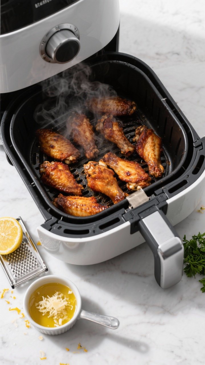 Cooking process: Air fryer basket at 400°F with a single, uncrowded layer of deeply browned wings a