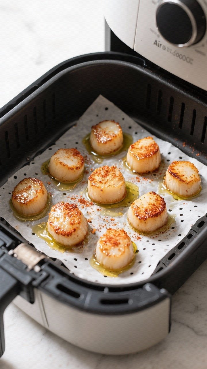 Cooking process: Air fryer basket at 400°F with a single, evenly spaced layer of seasoned scallops 