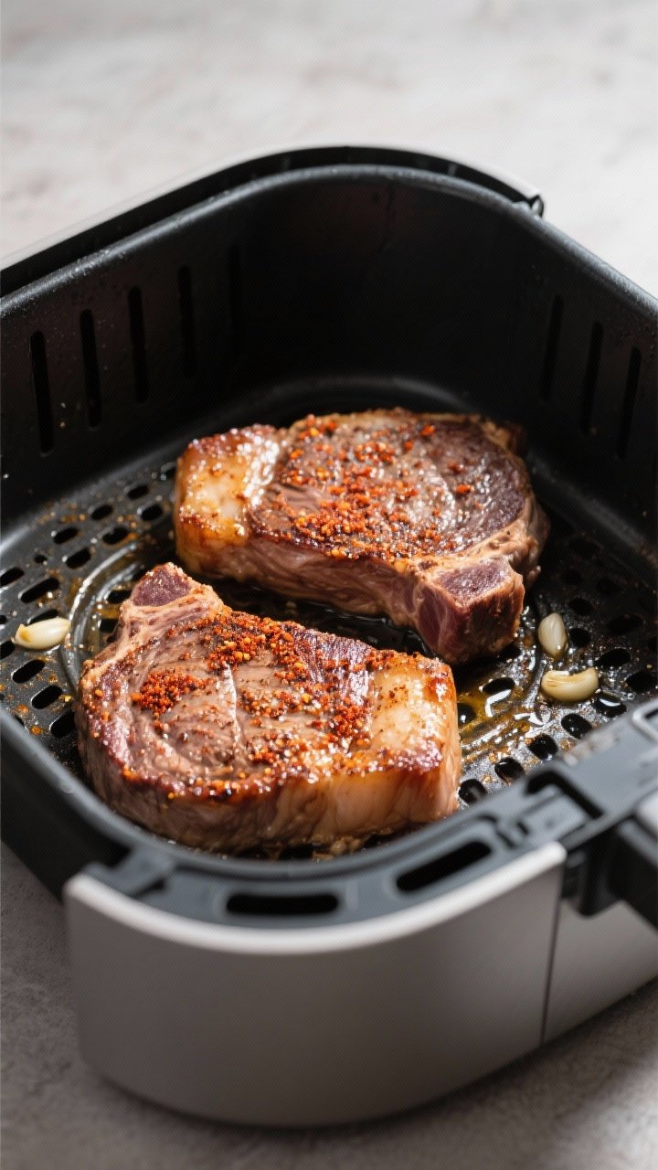 Cooking process: Air fryer basket at 400°F with two seasoned pork chops mid-cook after the flip, sh