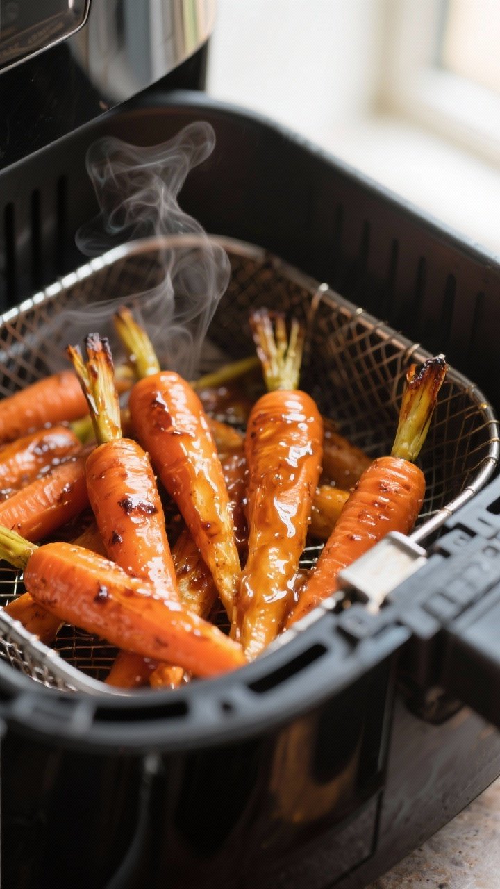 Cooking process: Air fryer basket just opened at the “glaze and finish” stage—carrots already 