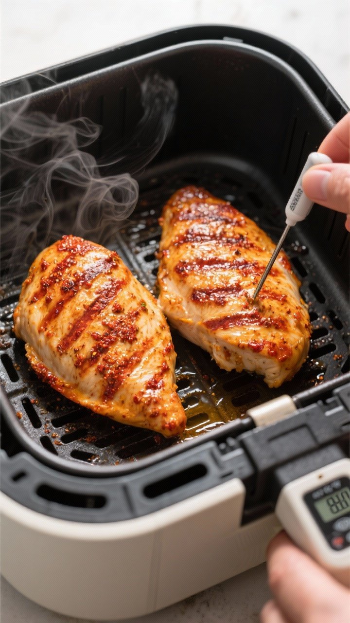 Cooking process: Air fryer basket just opened at the flip stage, two peri peri–marinated chicken b