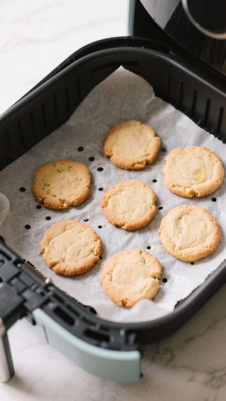 Cooking process: Air fryer basket lined with parchment that has a few small holes, six evenly spaced