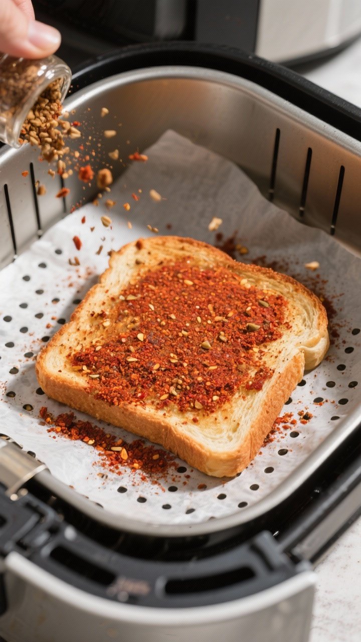 Cooking process: Air fryer basket lined with perforated parchment holding a thin, even layer of Caju
