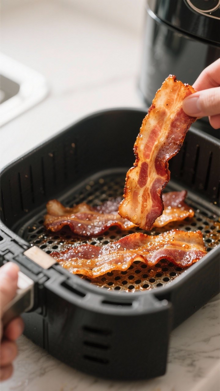 Cooking process: Air fryer basket lined with perforated liner showing bacon slices mid-cook at 375°
