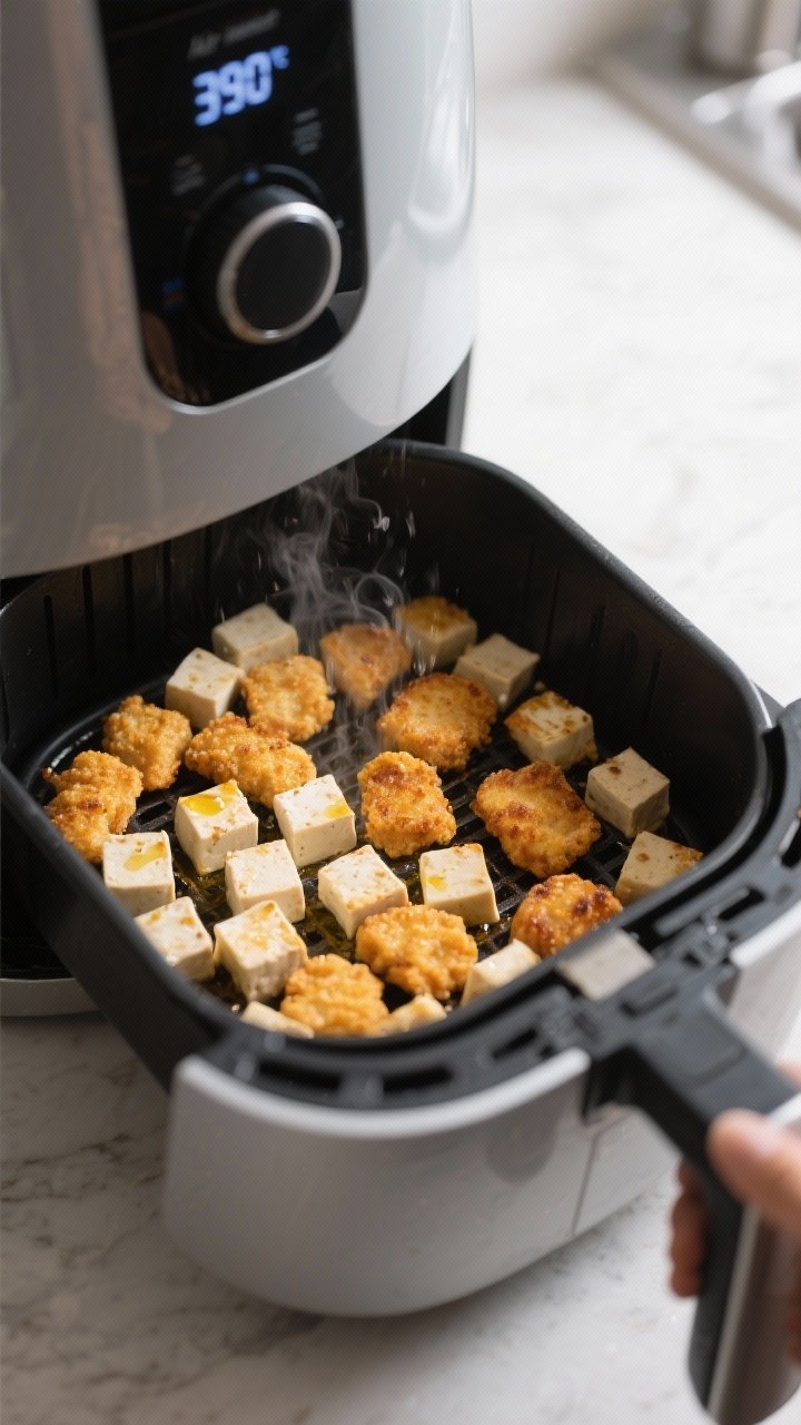 Cooking process: Air fryer basket loaded with nugget-sized tofu pieces arranged in a single layer wi