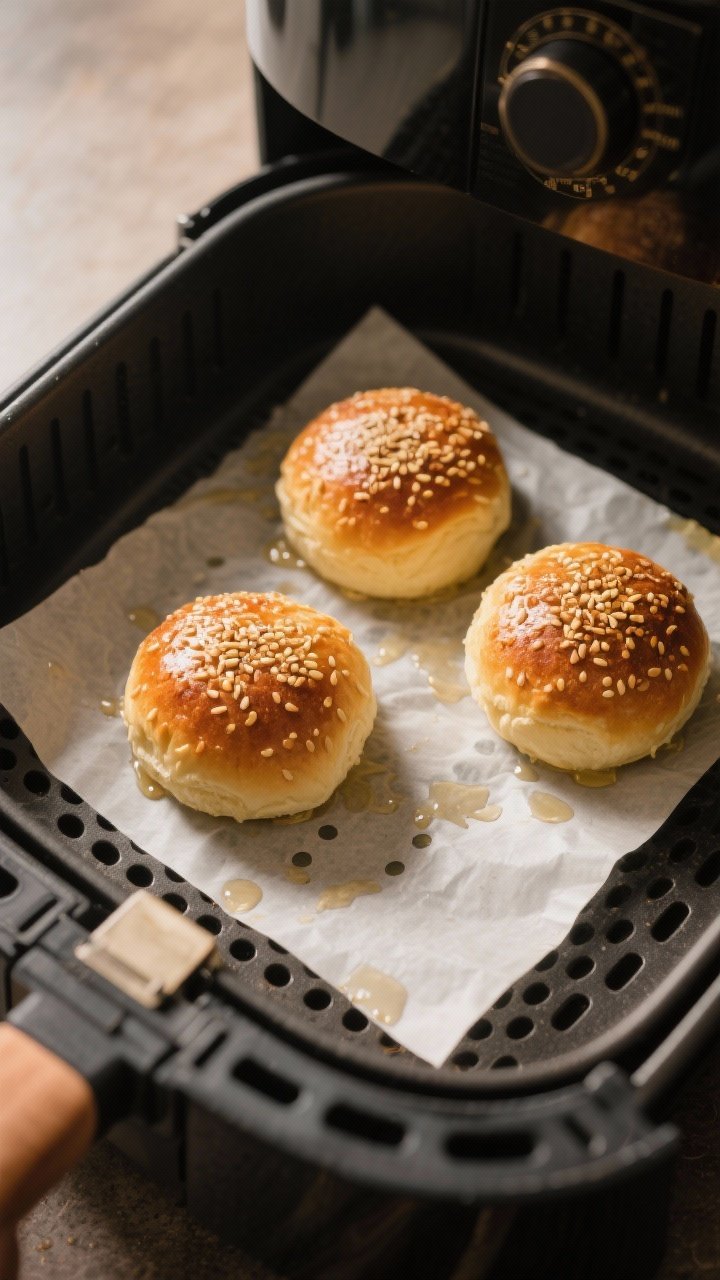 Cooking process: air fryer basket mid-batch with three risen buns on small parchment squares, tops b
