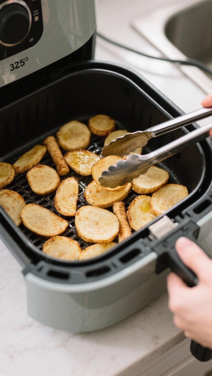 Cooking process: Air fryer basket mid-cook at 325°F showing a single, even layer of parsnip slices,