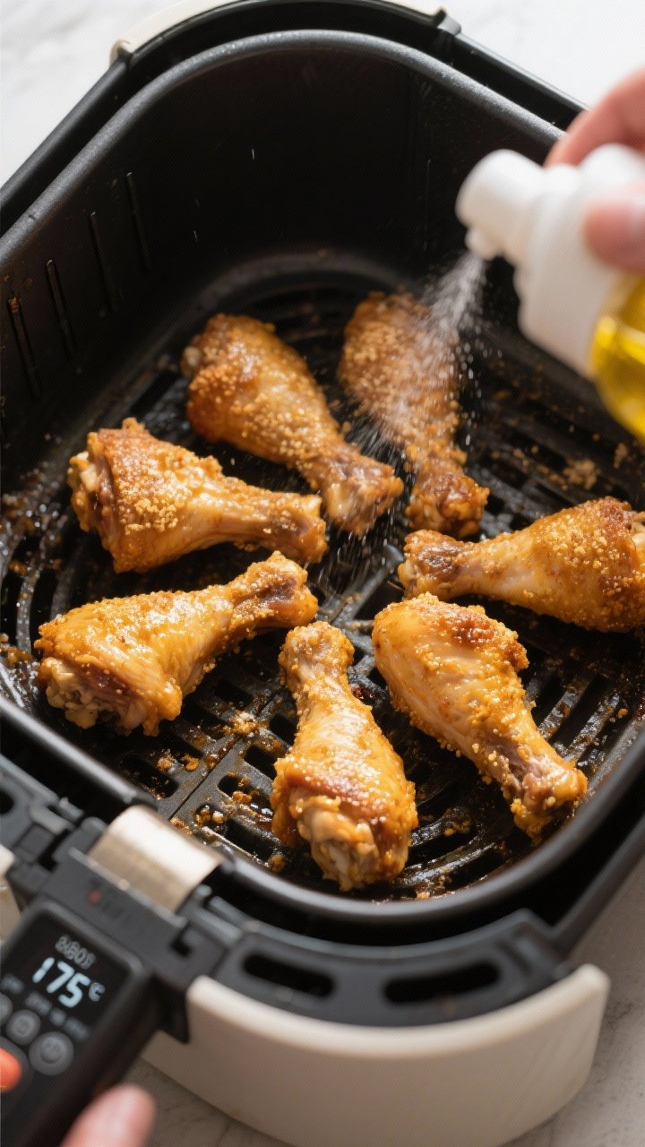 Cooking process: Air fryer basket mid-cook at 380°F, evenly spaced coated chicken drumsticks flippe