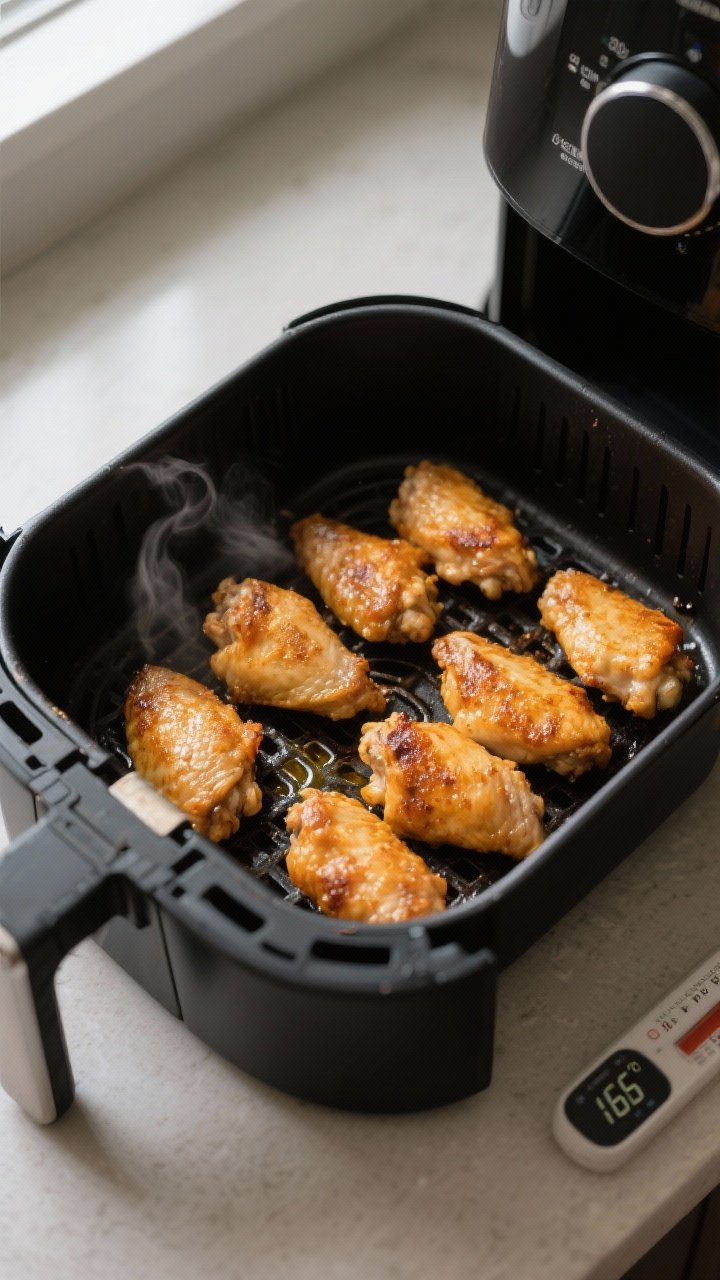 Cooking process: Air fryer basket mid-cook at 390°F with a single layer of evenly spaced, golden ch