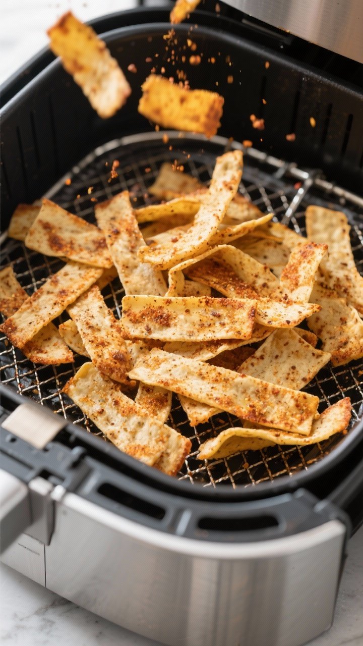 Cooking process: Air fryer basket mid-cook with a loose, even layer of seasoned tortilla strips, som