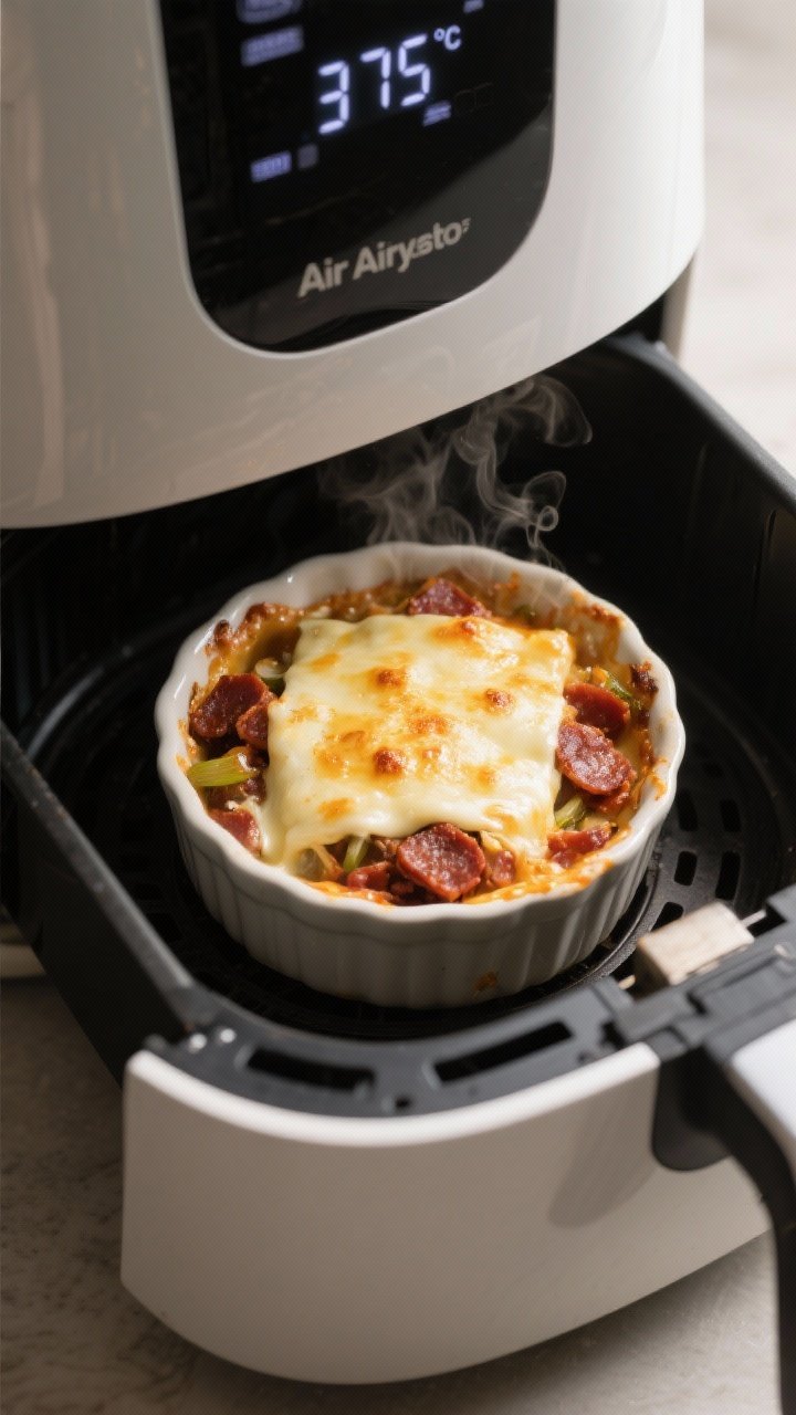 Cooking process: Air fryer basket open with a small 6–7 inch oven-safe ceramic dish inside, layers