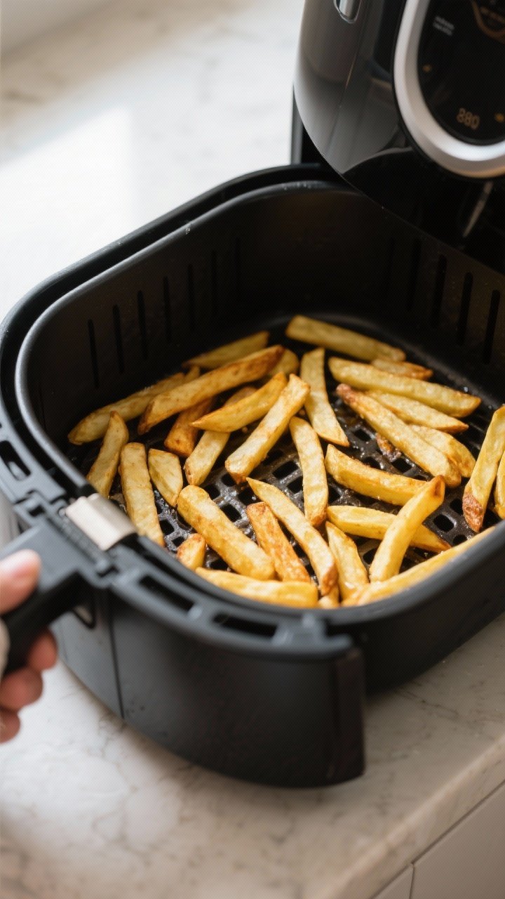 Cooking process: Air fryer basket pulled open mid-cook, fries spread in a single, uncrowded layer wi