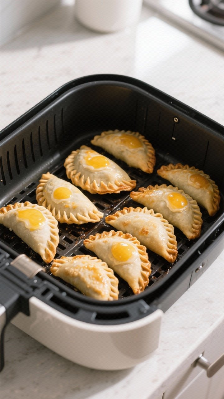 Cooking process: Air fryer basket scene with a single layer of sealed, egg-washed empanadas mid-cook