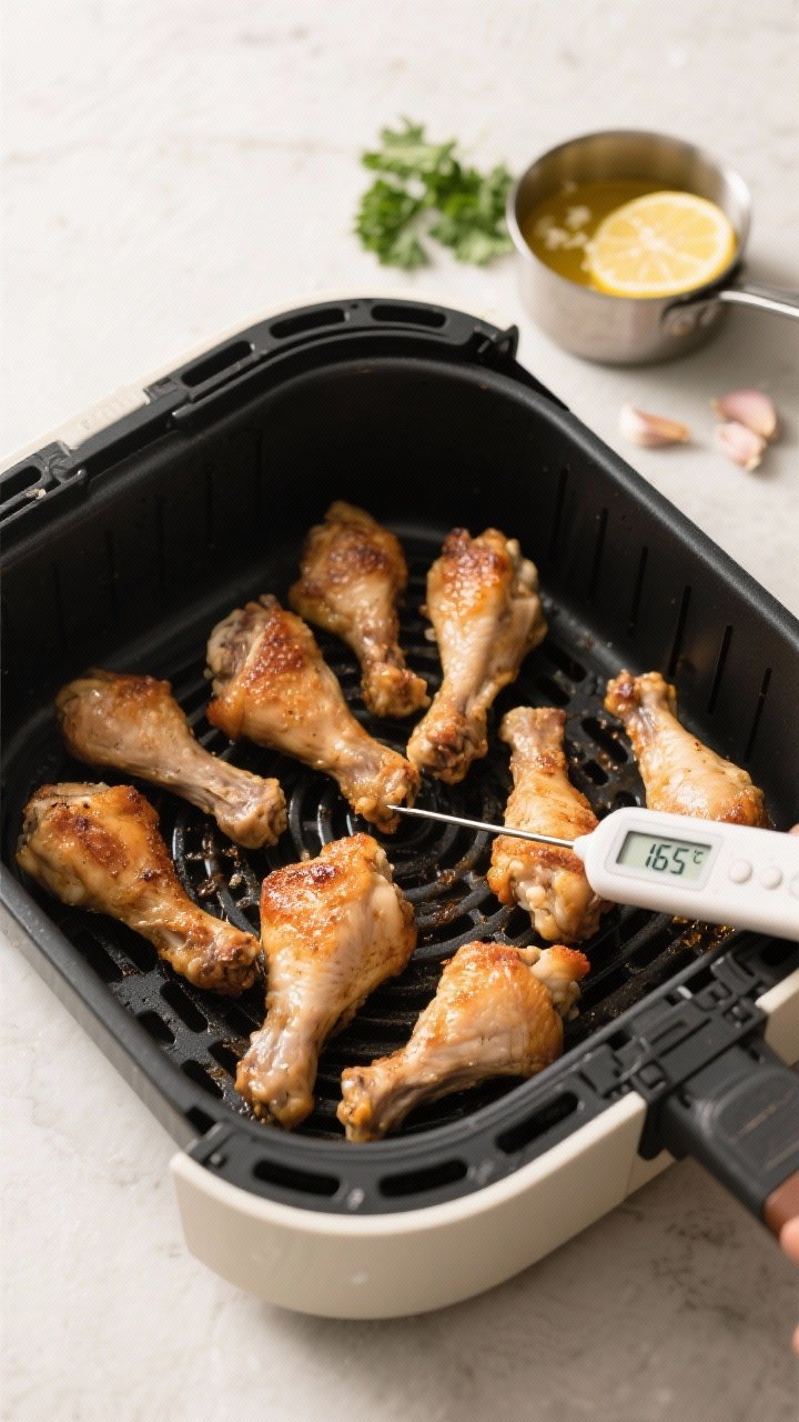Cooking process: Air fryer basket scene with a single layer of cooked drumettes arranged with space 