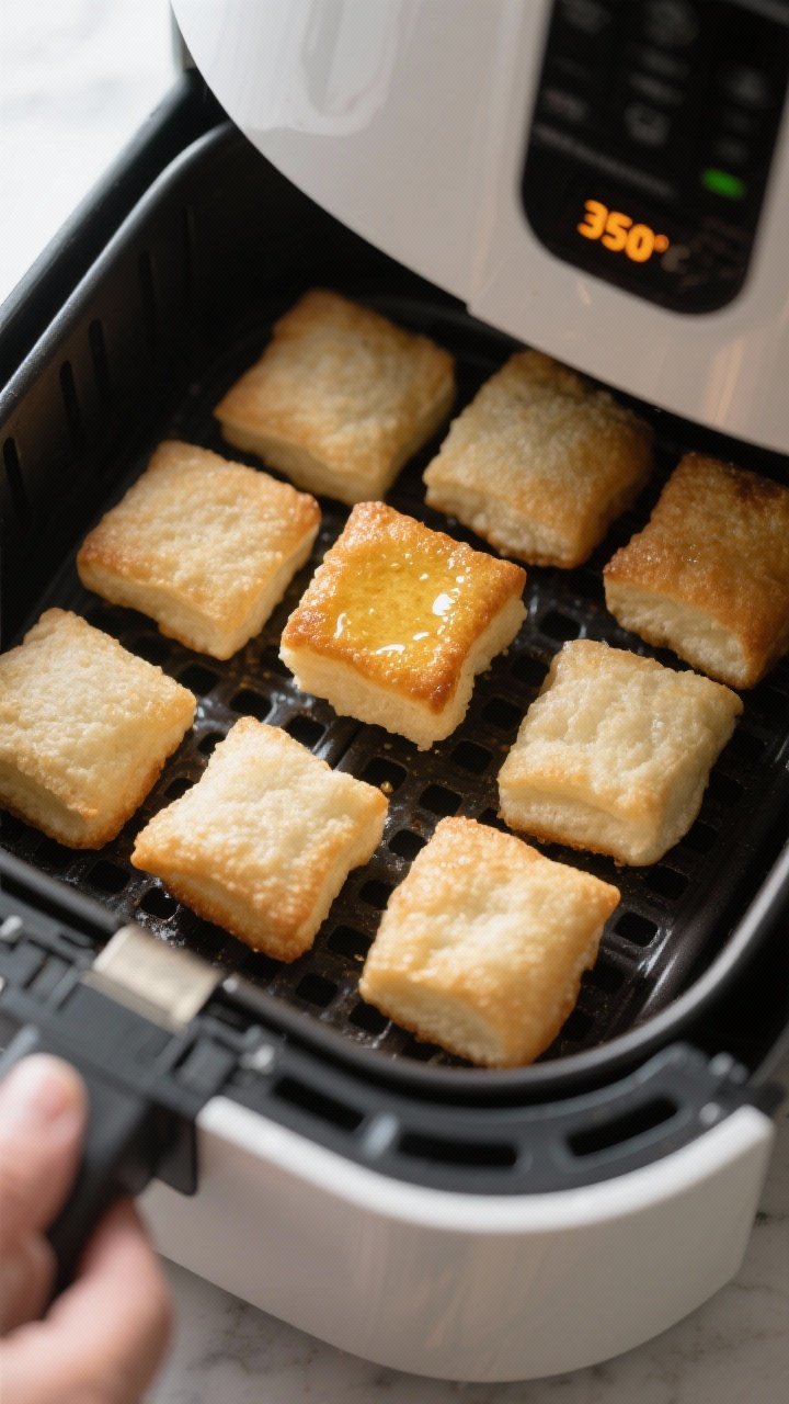 Cooking process: Air fryer basket scene with evenly spaced, puffed beignet squares at the flip stage
