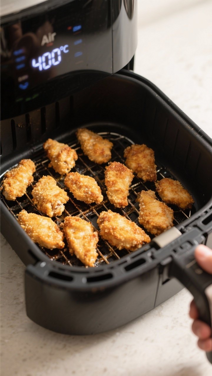 Cooking process: Air fryer basket scene with evenly spaced, fully cooked golden chicken bites mid-ba