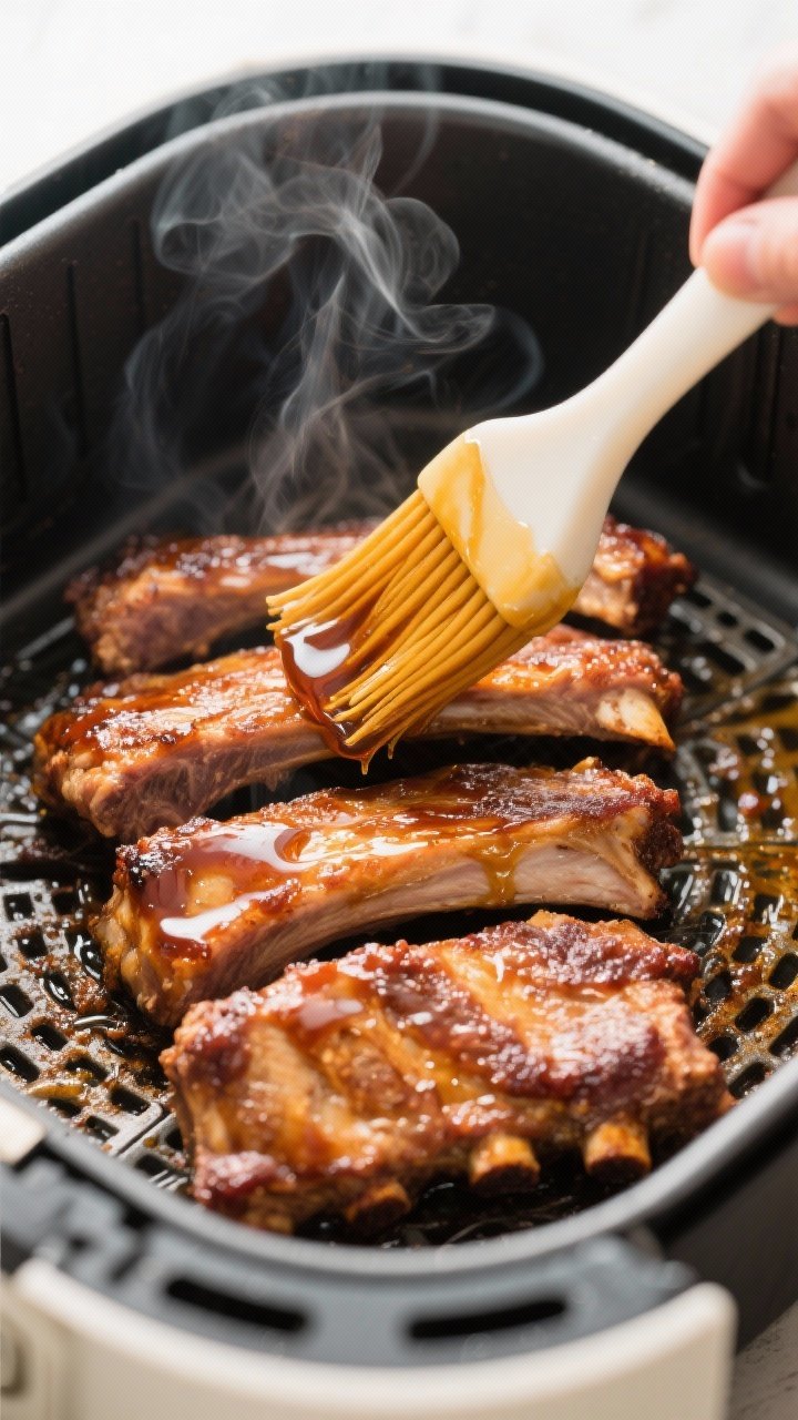 Cooking process: Air fryer basket scene with rib sections arranged in a single layer, mid-cook flip 