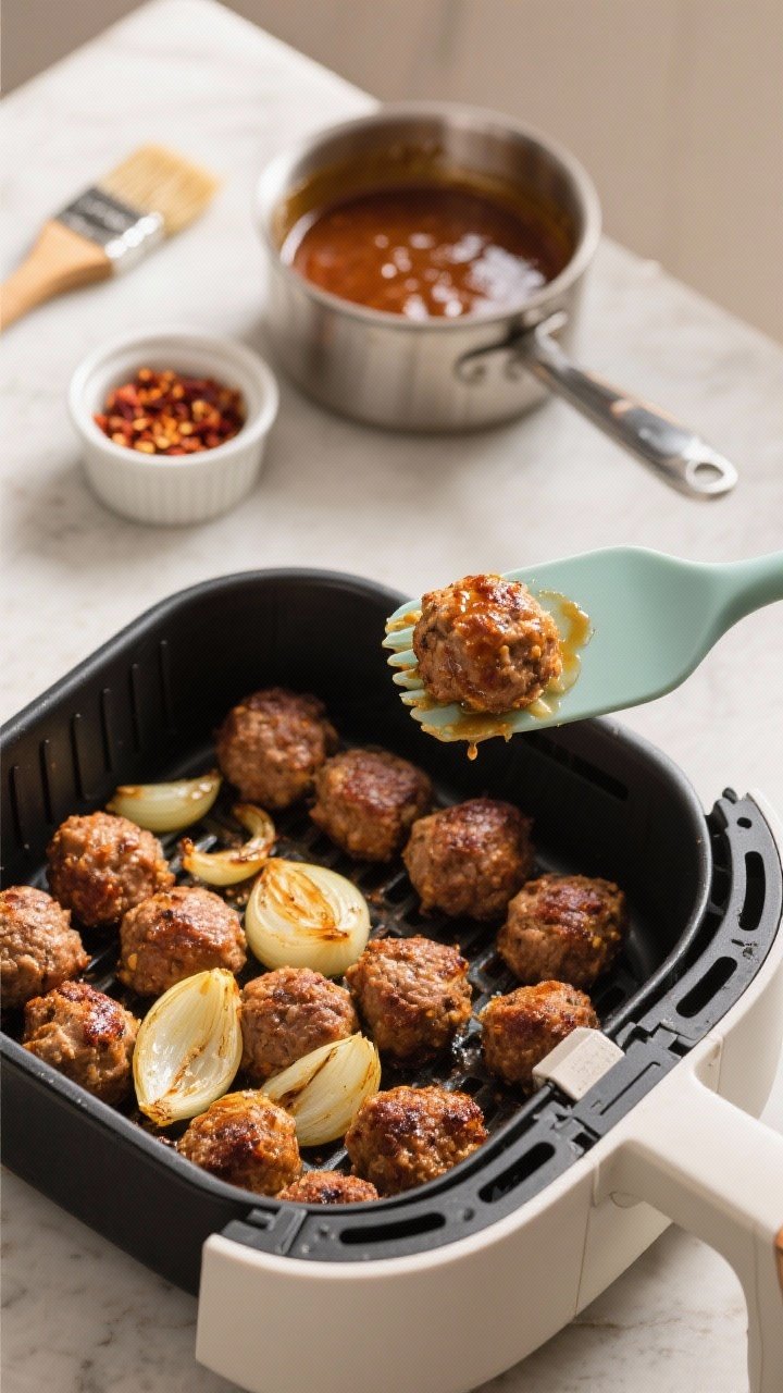 Cooking process: Air fryer basket scene with roasted baby onions and freshly cooked meatballs in a s