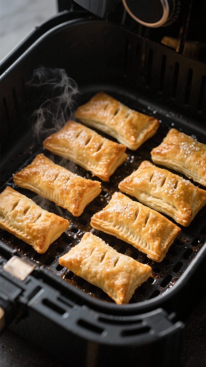 Cooking process: Air fryer basket shot at 350°F with a single layer of puff pastry parcels mid-cook