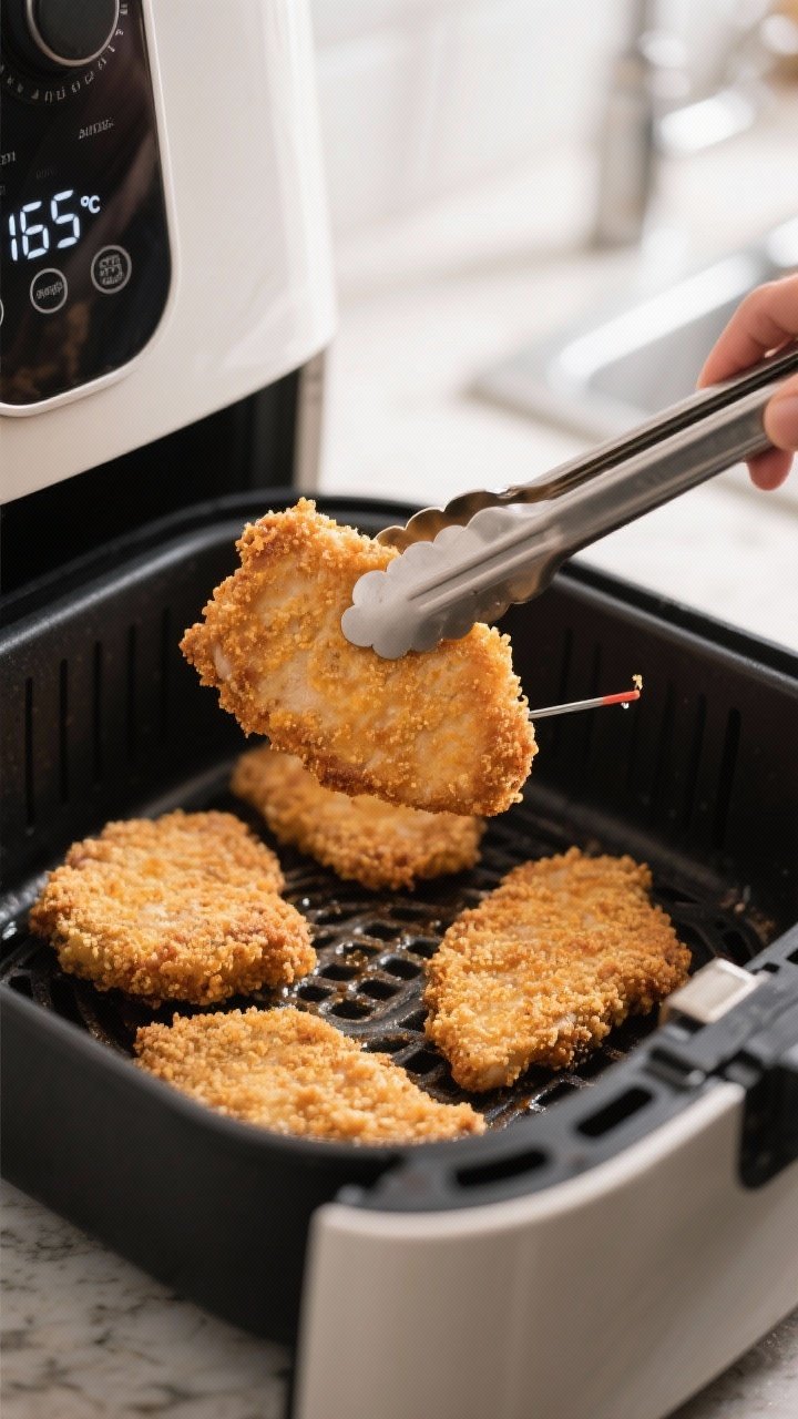 Cooking process — Air fryer basket shot at the flip: evenly breaded cutlets at 400°F, first side 