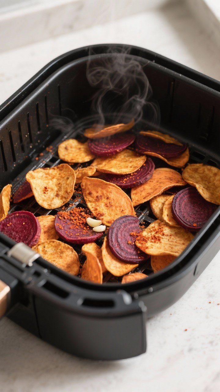 Cooking process: Air fryer basket shot mid-cook with a single layer of evenly sliced beet and sweet